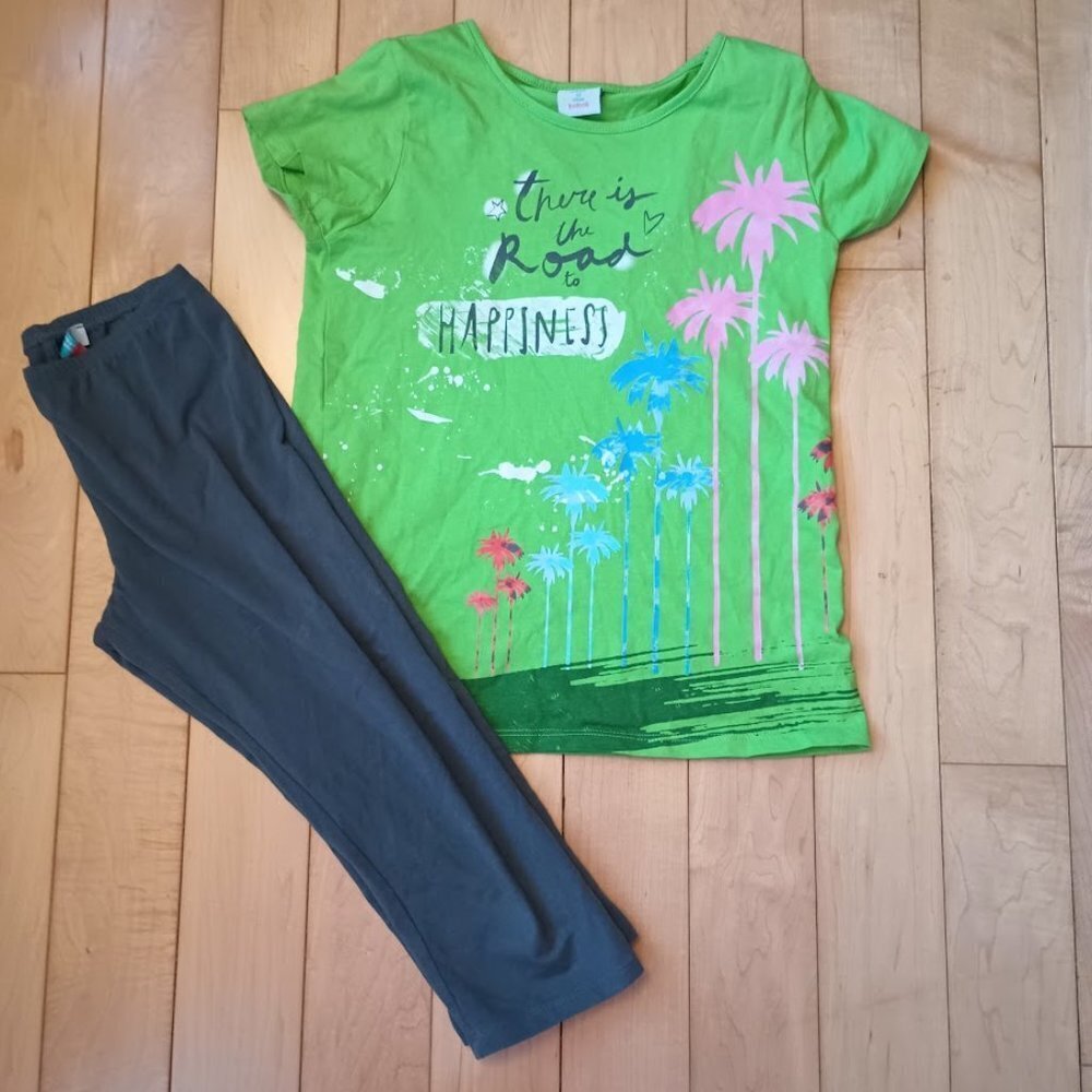 Boboli green t-shirt and charcoal legging set with palm tree print size 10